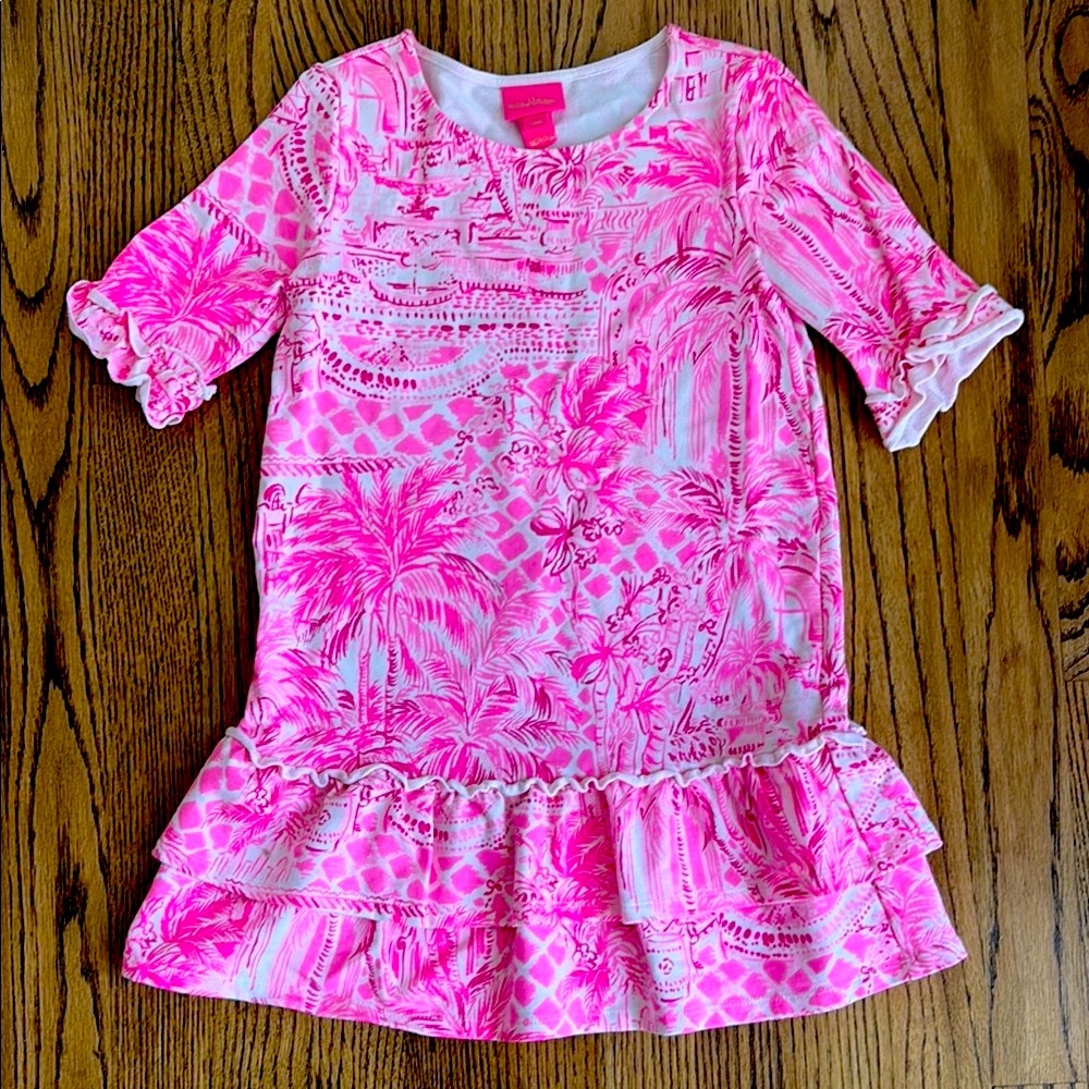 Lilly Pulitzer Girls Pink & White Ruffle Dress M 6-7